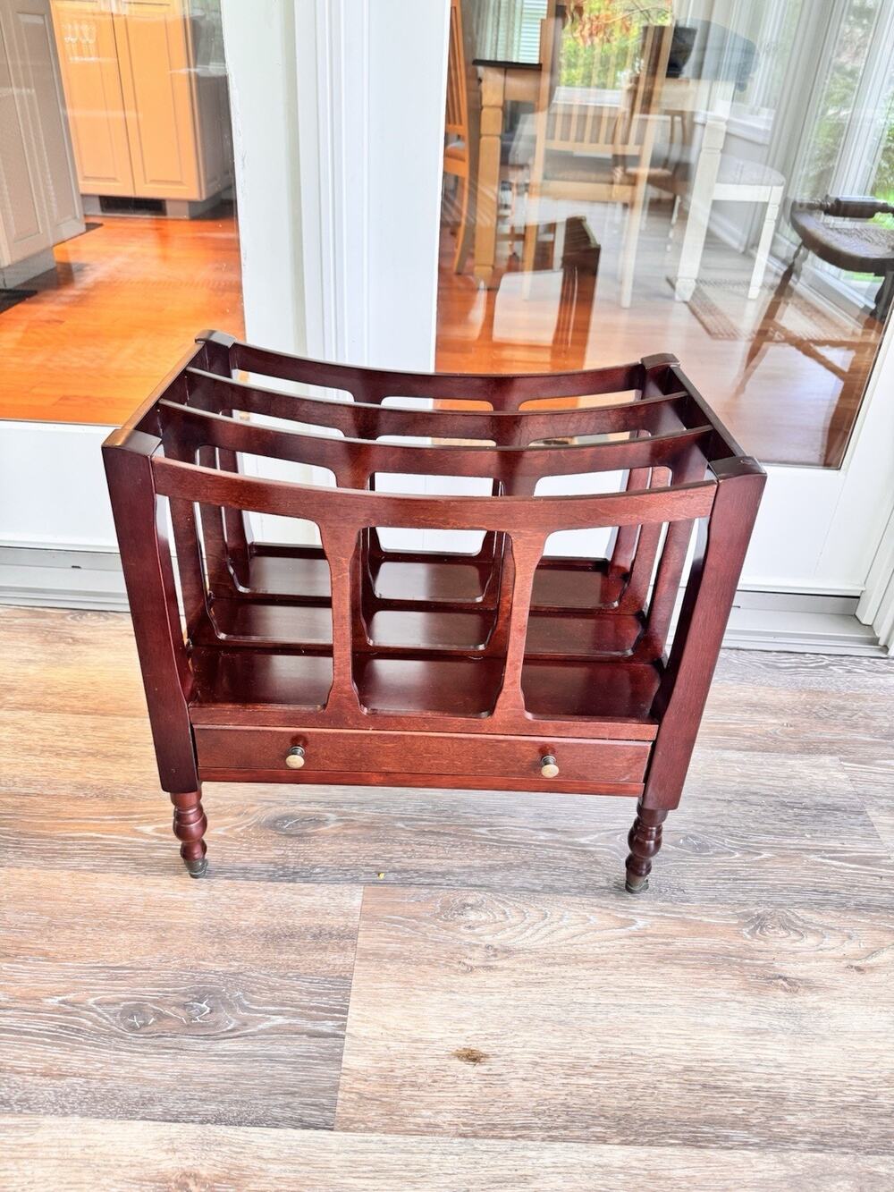 Vintage 1997 The Bombay Company Wooden Rolling Magazine Rack with Storage Drawer
